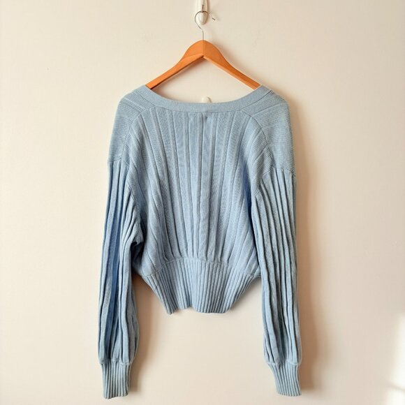 Aritzia Wilfred Thais Knit Plunge Sweater Cardigan Wool Cotton Light Blue Size L - Picture 3 of 5